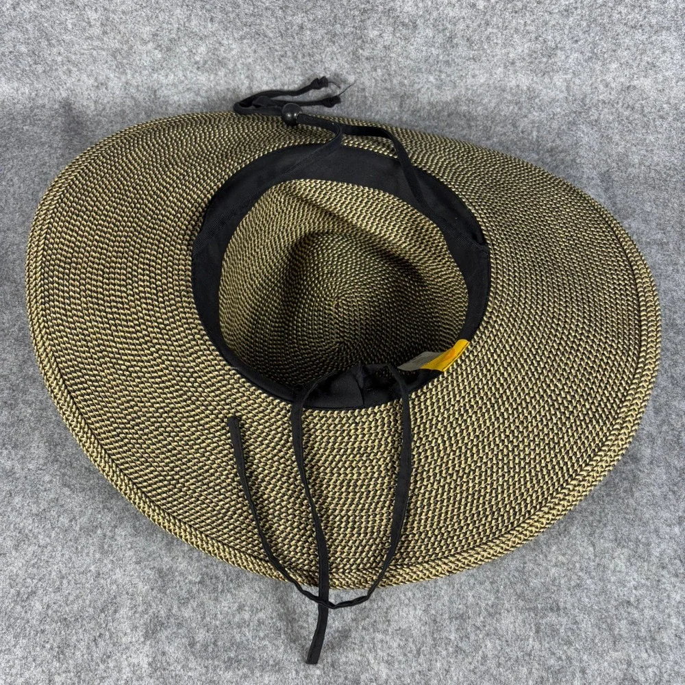 Solar Escape Womens Wide Brim Sun Hat OS Tan Black Woven Adjustable Chin Strap